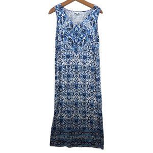 J.Jill Maxi Dress Sz XS Blue Floral Mosaic Jersey Knit Sleeveless Beachy Cruise